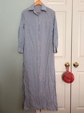 NWOT CK Bradley Long Button-Front navy striped Shirt Dress pockets & side slits